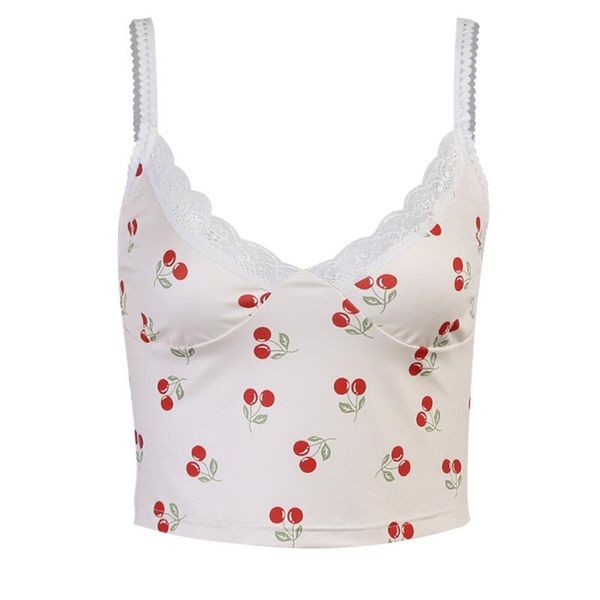 

women's tanks & camis satin crop women cherry printing bralette female spaghetti strap t-shirt cropped with chest padded, White
