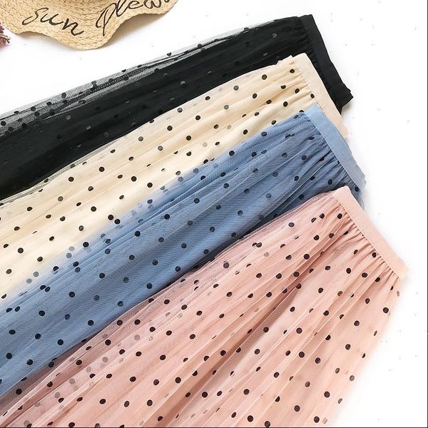 

new women tulle skirt cute dot pleated skirt women long tutu skirts jupe saia 2021 casual high waist elascity party skirt, Black