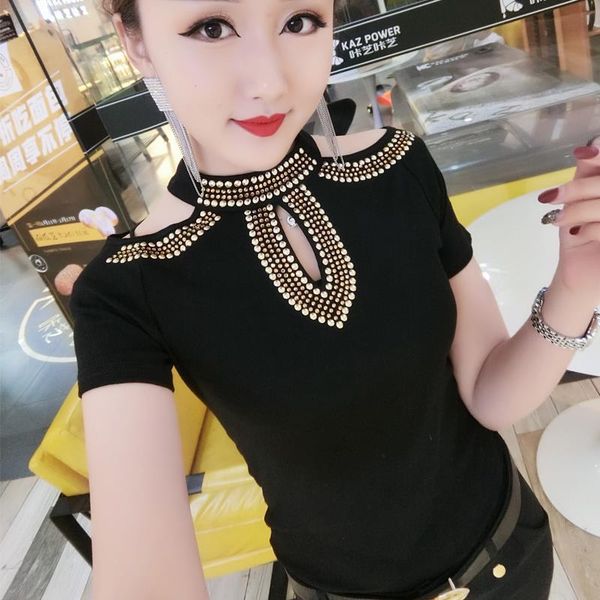 

fashion korean hollow out off shoulder diamonds tshirt new summer women streetwear clothes slim shirt camiseta mujer t95402l, White