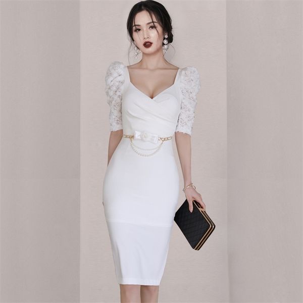 

summer style korean temperament fashion thin v neck lace splicing bubble sleeve belt office party for women dresses 210602, Black;gray