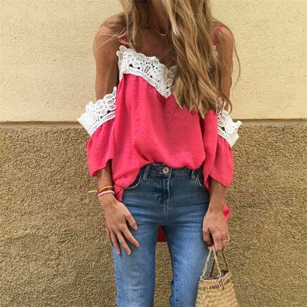 

2021 women's clothing european and american suspender v-neck lace half sleeve t-shirt, White