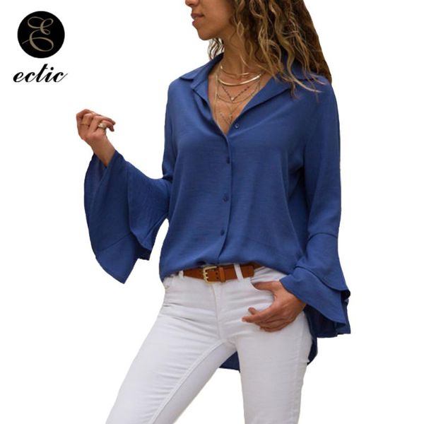 

women's blouses & shirts streetwear clothes camiseta mujer 2021 fashion women casual v neck blouse flare sleeve blue chiffon button up, White