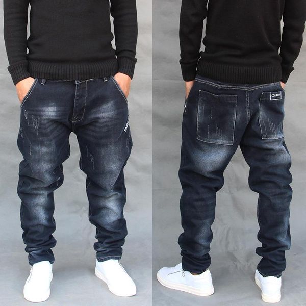 

men's jeans prowow spring 2021 vintage fashion men dark blue loose fit wide leg trousers denim harem pants streetwear