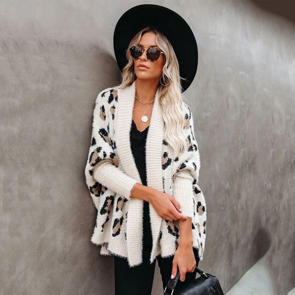 

Fuzzy Leopard Long Cardigan Female Bohemian Slim Batwing Sleeve Overized Sweaters Cardiagns For Women Winter Coat, White;black