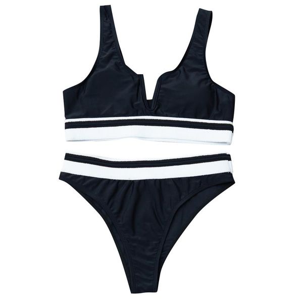 

women's swimwear patchwork color v-neck bikini set beachwear split swimsuit high waist women bathing suit beach wear, White;black