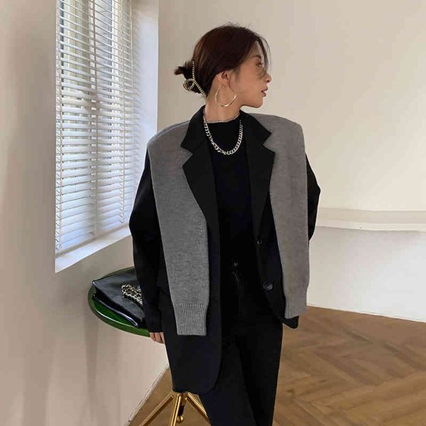 

women's suits & blazers [eam] women knitted shawl spliced blazer notched long sleeve loose fit jacket fashion spring autumn 2022 1dd243, White;black