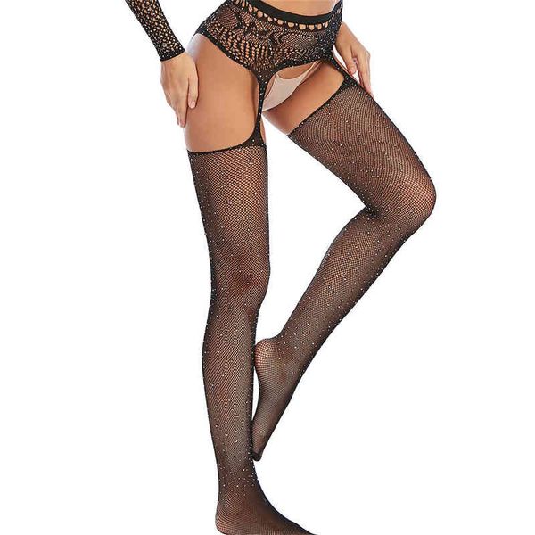 

women's fishnet stockings rhinestone hollow out tights high pantyhose suspenders erotic lingerie club, Black