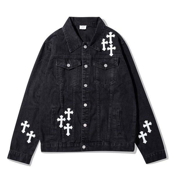 

men's jackets european and american high street men's denim jacket gothic cross embroidery washing old loose men, Black;brown