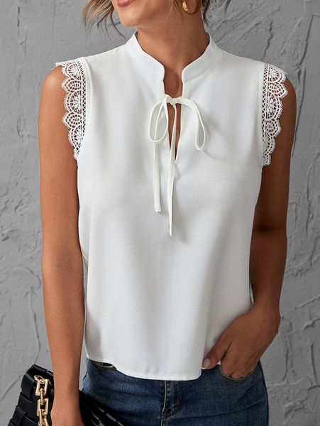 

tie neck lace trim sleeveless blouse 73z4#, White