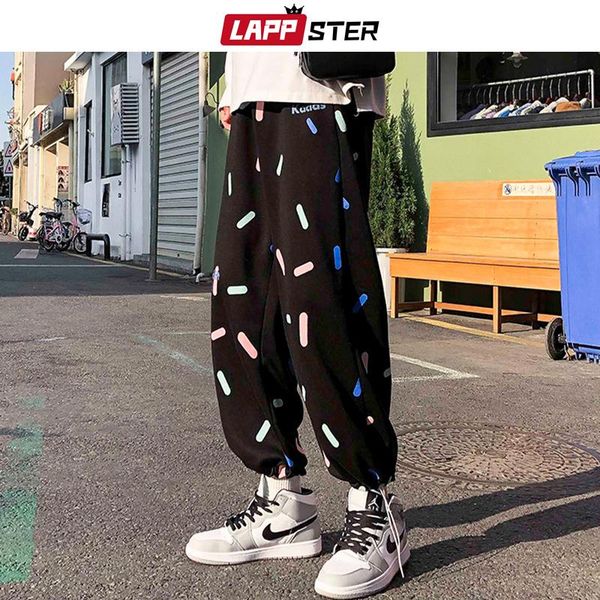 

men's pants lappster men fashion colorful print harajuku sweatpants 2021 spring vintage japanese streetwear cargo male black
