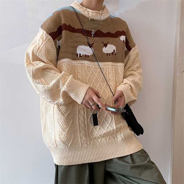 

zazomde harajuku knitted sweaters cartoon sheep pullovers men hip hop streetwear sweater male autumn winter loose pullovers 211221, White;black