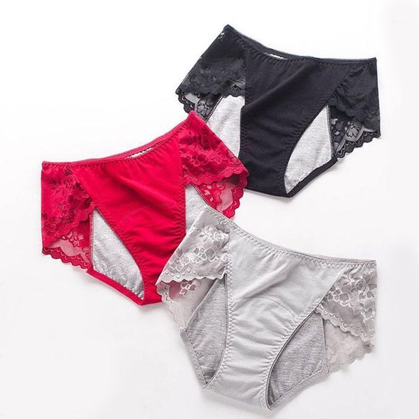 

women's panties cotton physiological period leak proof menstrual lace breathable seamless soft fabric women underwear briefs, Black;pink