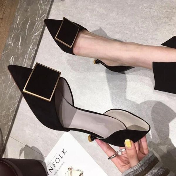 

dress shoes spring square button french girls' high heels thin heel and all-in-one tennis red black retro hollow pointed