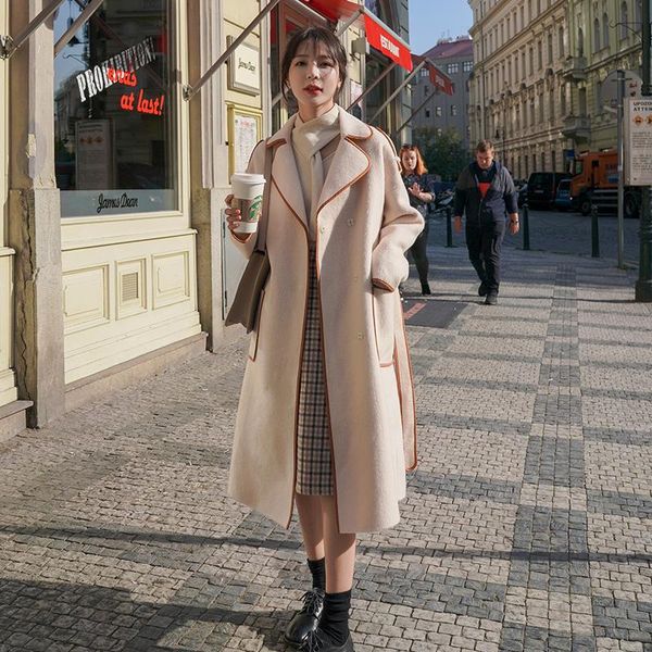 

women's wool & blends women long woolen coat autumn winter female turn-down collar covered button bandage overcoat elegant korean jacke, Black