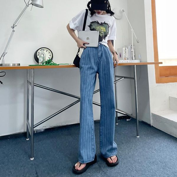

women's jeans retro style striped women 2021 early autumn fashion wide-leg trousers, Blue