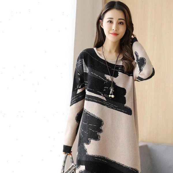 

women dress 2021 fashion autumn winter printed loose o neck long sleeve straight mini plus size dresses vestidos de fiesta, Black;gray