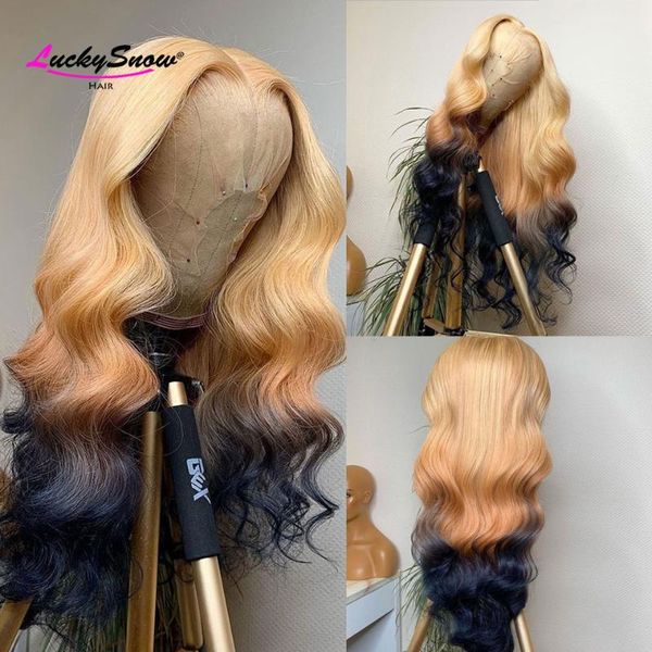 

lace wigs ombre honey blonde colored front human hair for women pre plucked brazilian remy body wave hd transparent, Black;brown