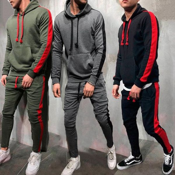 

men's tracksuits 2 pieces sets tracksuit men patchwork drawstring hooded sweatshirt+pants pullover hoodie sportwear suit casual clothes, Gray