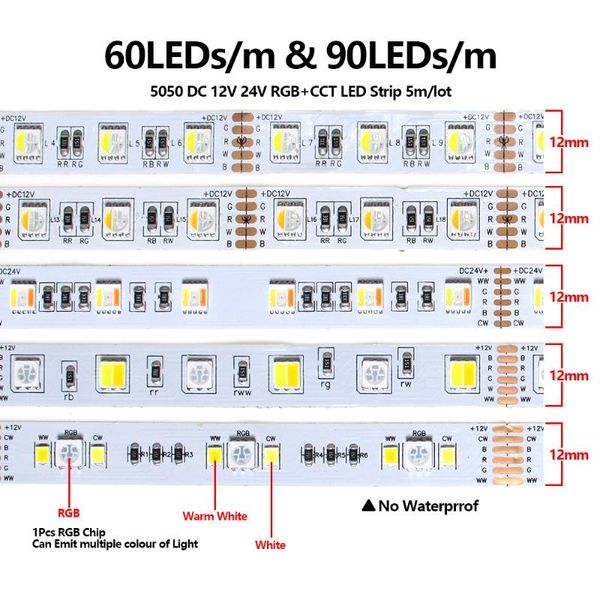 

led strip 12v 24v 60leds/m 12mm pcb 4in1 5in1 rgb+cct 5 colors in 1 chip cw+rgb+ww rgbw rgbww flexible led tape light