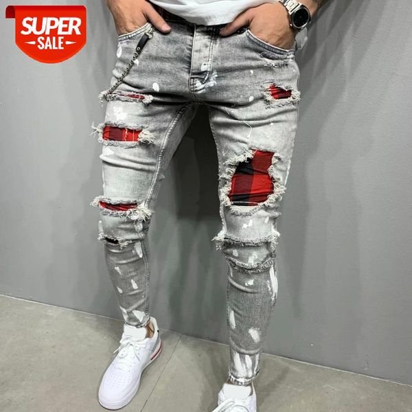 

skinny jeans men fashion men solid color patchwork skinny fit ripped jeans stretch denim pants hip-hop casual jeans 3xl #7v03, Black