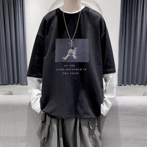 

long-sleeved punk female hip-hop couple loose clothes fake trend of two parts hong kong t-shirt autumn style d21p, White