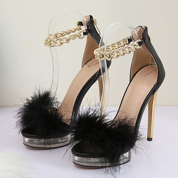 

sandals moda sandálias de plataforma fundo transparente pele slir mulher do do pé aberto zip tornozelo cinta corrente cristal sapatos r7b9, Black