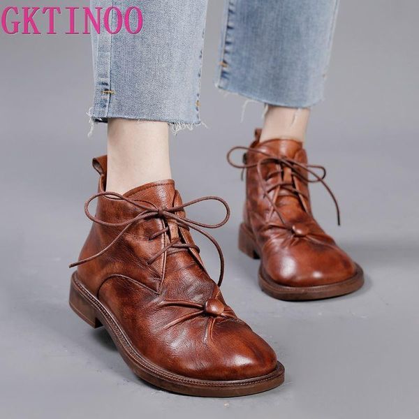 

boots gktinoo genuine leather ankle retro shoes women round toe 2021 zip sewing lace-up handmade concise platform, Black