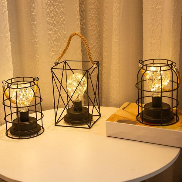 

1pc creative retro industrial hollow led hanging lamp home bedroom portable rope battery powered night light