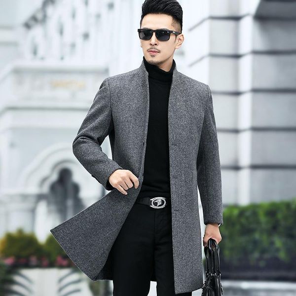 

new winter fashion collar wool double woolen cloth coat male han edition leisure men's clothing of pure color long coat, Black