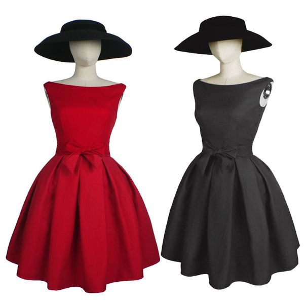 

red boat neck dress bow/maid honor/toast/tutu/vintage/short/ oq8w, Black;gray