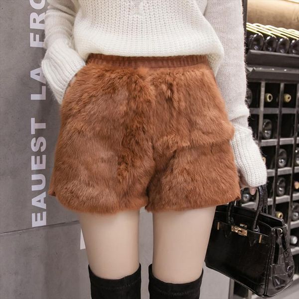 

high waist rabbit fur elastic womens shorts wide leg pants with pockets booty, White;black