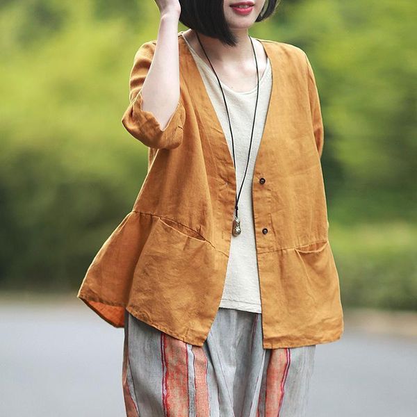 

2021 summer new arts style women half sleeve loose short sleeve coats single breasted v-neck linen jackets casual coat m279, Black;brown