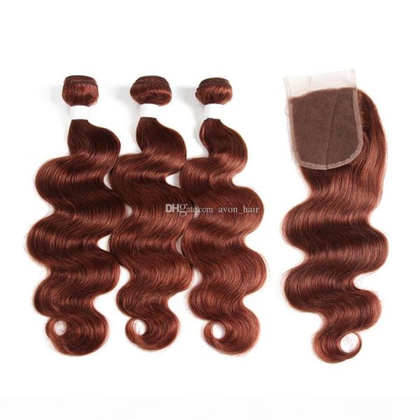 

body wave brown colored human hair weft with lace closure 3 bundles with closure 4x4 auburn brown hair extension with closure, Black;brown