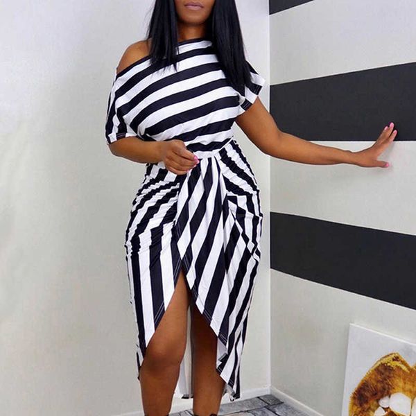 

women fashion casual loose fit midi dress female casual short dresses one shoulder striped print wrapped dress 210716, Black;gray