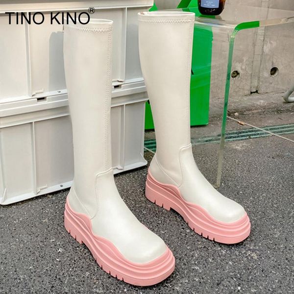

boots chunky heels platform long for women 2021 autumn winter ladies knee high candy colors female soft leather shoes, Black