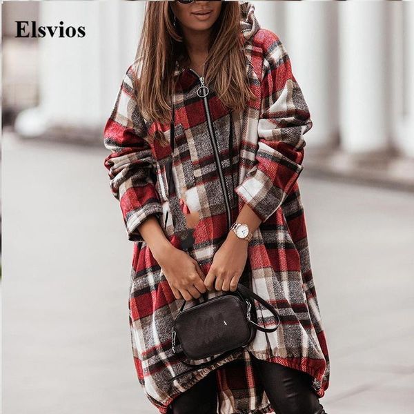 

women's jackets women casual loose hooded coat autumn winter vintage irregular long sleeve outwear fashion zip plaid jacket streetwear, Black;brown