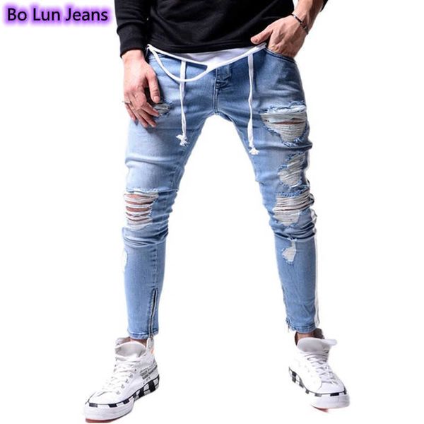Jeans Uomo Jeans con cerniera alla caviglia Jeans skinny strappati Pantaloni casual Hip-Hop a righe laterali Pantaloni elasticizzati in vita elasticizzata X0621