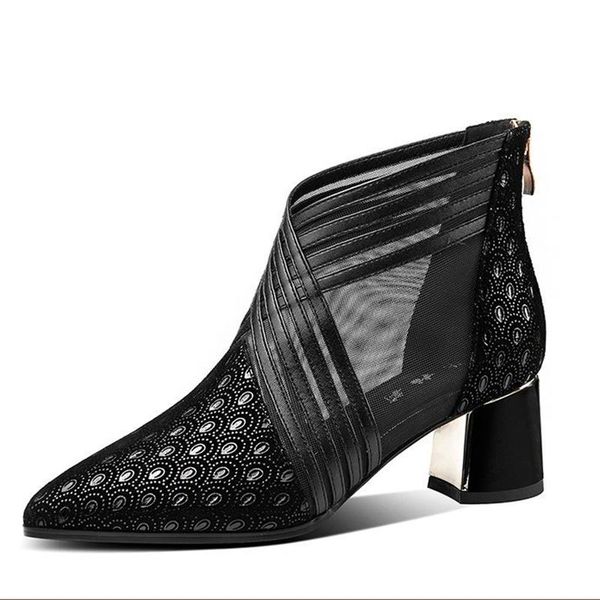 

boots summer fashion solid mesh high heels pointed toe cross lines decoration ankle lady grace women ventilate red/black