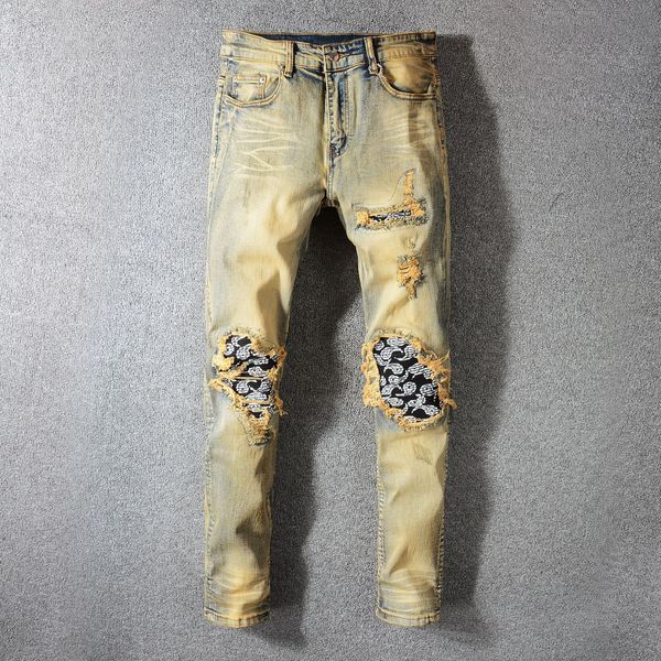 

2021 men's male fashion casual fold stitching vintage jeans cats beard holes slim-fitting denim pants trousers vkrh, Blue