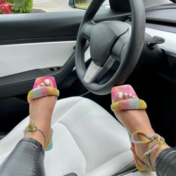 

sandals women fancy diamond ladies sqaure toe ankle wrap shoes female summer casual flat woman outdoor beach footwear plus size, Black