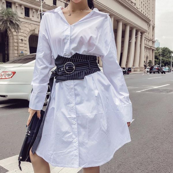 

lace up waistband women long white shirts casual women and bloues femme long button up shirt with waist belt lady
