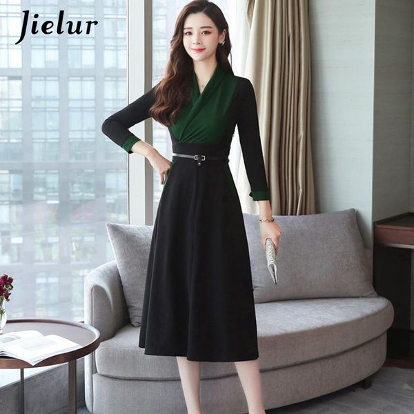 

autumn winter dress 2021 new v-neck patchwork color slim chic robe femme dress women -xxl high waist belt pocket dresses, Black;gray