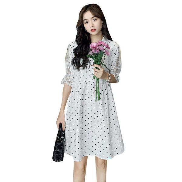 

maternity dresses fashion dot short sleeve dress korean summer large size, White