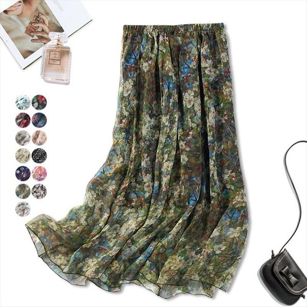 

100% silk maxi printed two women skirt layer pleated long summer beach 20 colors jn665 1, Black