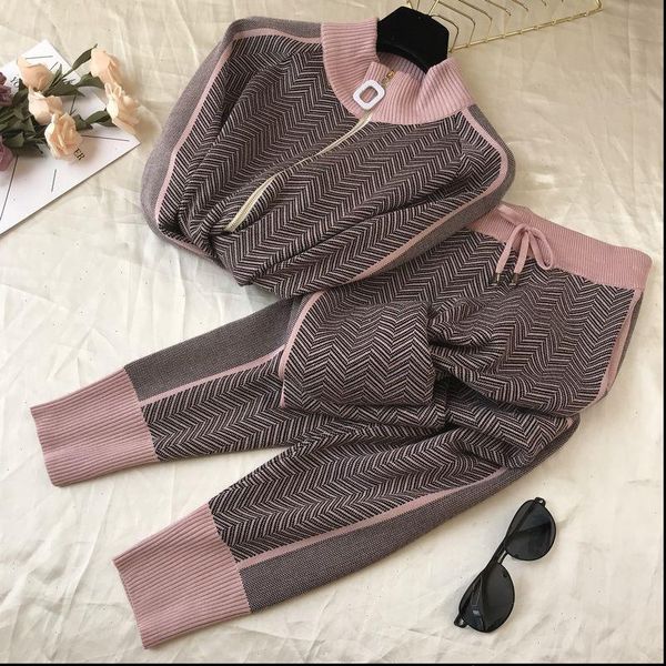 

fashion women tracksuit patchwork turtleneck zipper knitted cardigans sweater pants suit 2 piece set trousers elastic p570, Gray