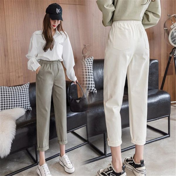 

women's pants & capris women casual harajuku pant straight cargo long trousers solid elastic waist cotton ankle length haren big size, Black;white