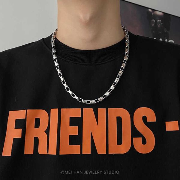 

earrings & necklace titanium steel square stitching men's fashion niche design bodyguard chain korean hip hop simple accessories, Silver