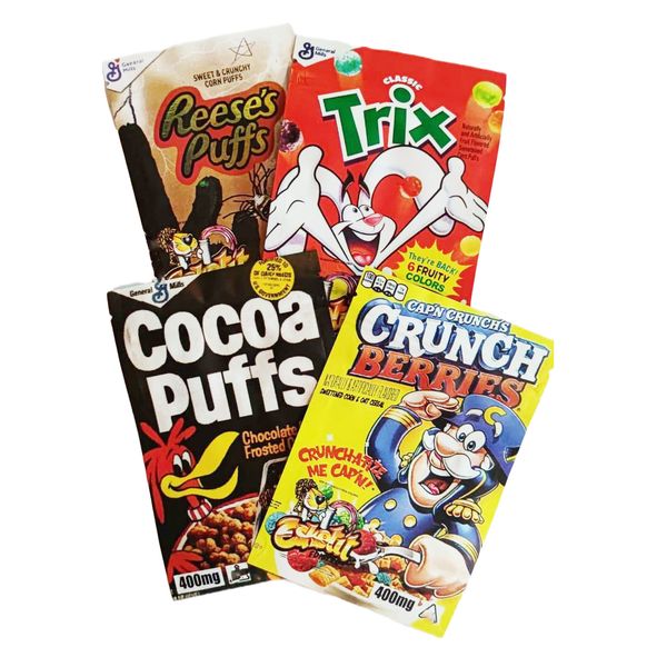 

empty infused chips cereal crunch berries mylar bags fruity pebblez runtz flamin canna butter trips ahoy medicated edibles packaging snack e