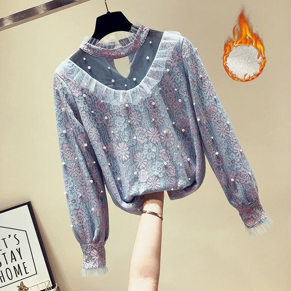 

women's blouses & shirts mumuzi 2021 spring winter women shirt sweet floral lace blouse ladies long sleeve beading mesh ol basic blusas, White