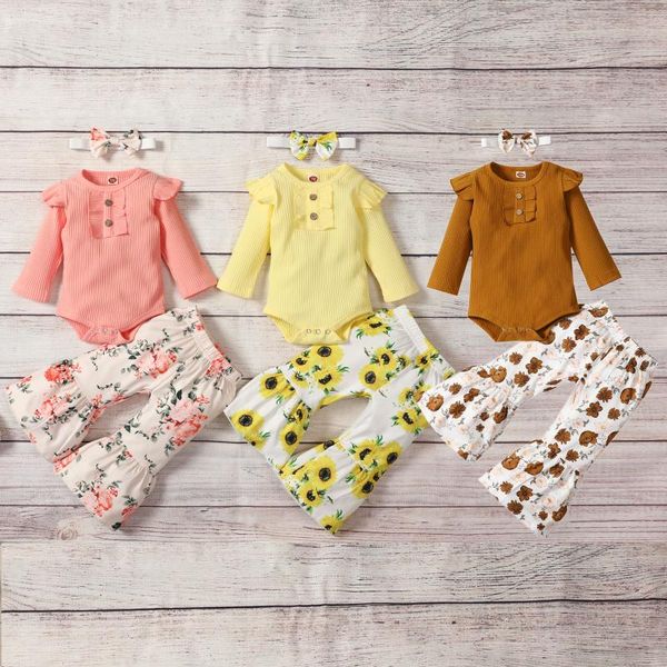 

clothing sets baby girls 3pcs fall outfits, long sleeve rib knit romper + floral flare pants headband set, White